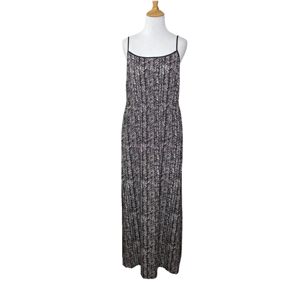 Loft Lined Sleeveless Spaghetti Midi Dress Black  White Aztec Pattern  Sz Medium